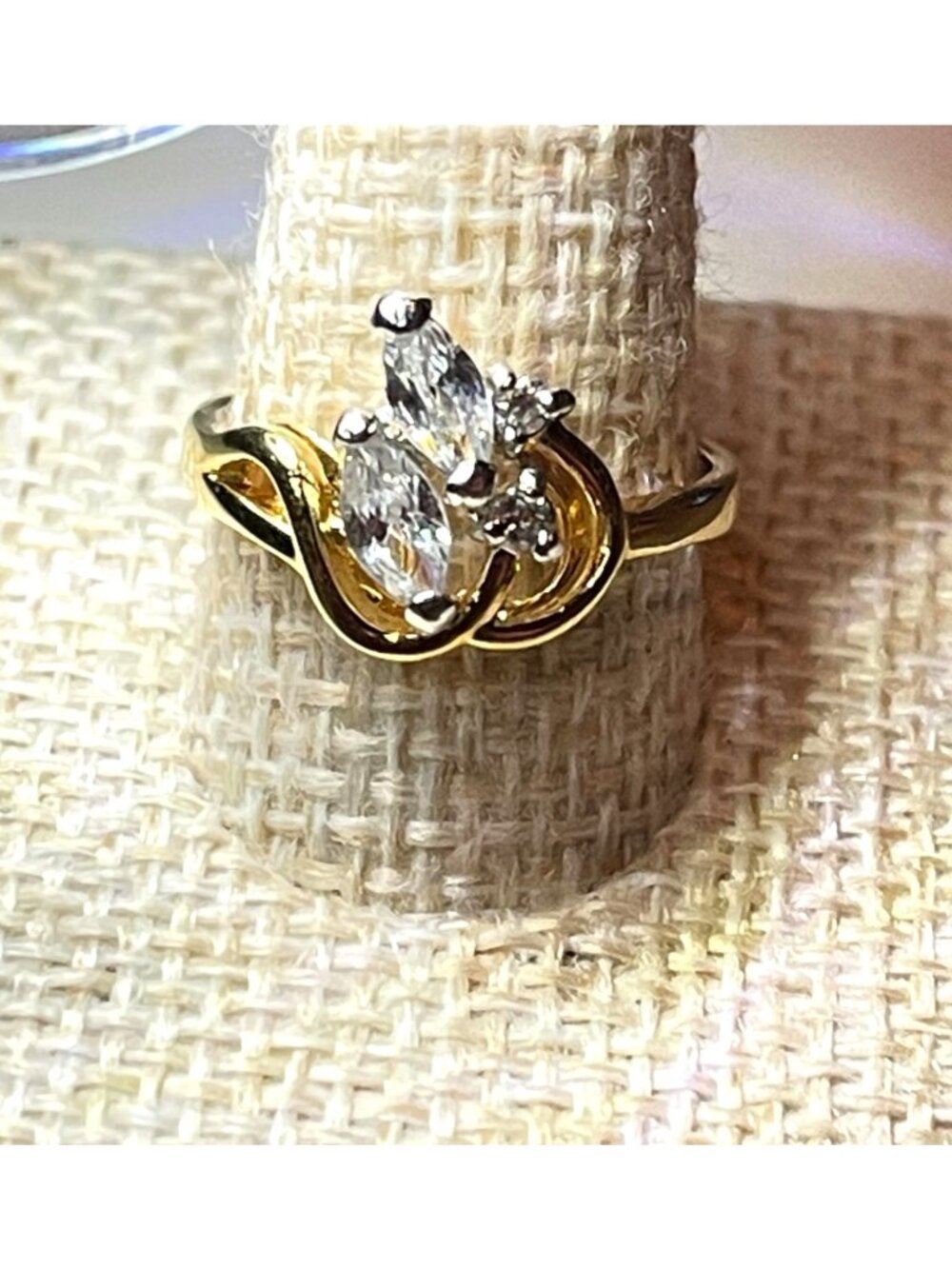 Vintage 18KT GE Yellow Gold Electroplated Marquise CZ Cluster Bypass Size 6